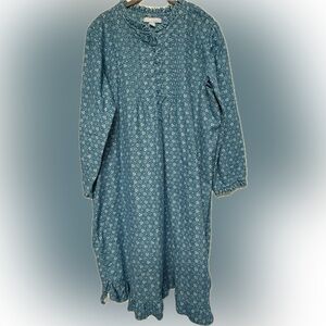 Only Necessities Women’s Thick Flannel Cotton Gown Blue Print Long Sleeve 14/16